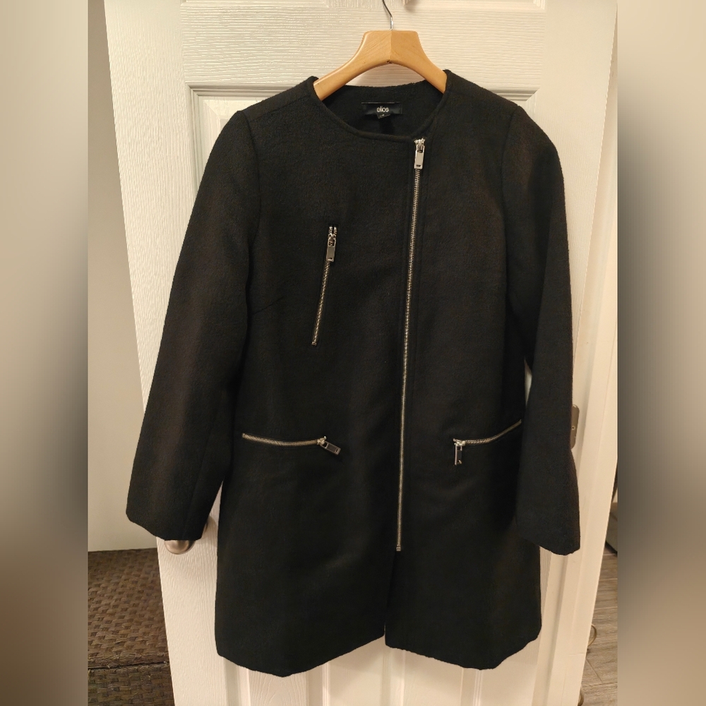 Ellos Wool Blend Trench Coat Long Length Jacket Black Zip Up